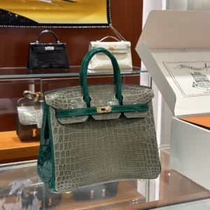 DDMode Factory Birkin shiny Niloticus Turtledove grey & Deep Green Gold Hardware 25cm Full Handmade