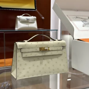 DDMode Factory Kelly Pochette Ostrich Creamy White Gold Hardware 22cm Full Handmade