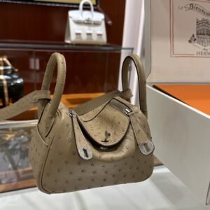 DDMode Factory Mini Lindy Ostrich Tea Khaki Silver Hardware 19cm Full Handmade