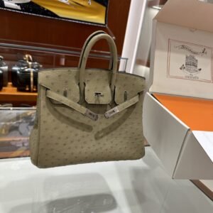 DDMode Birkin Ostrich Turtledove Khaki Silver Hardware 25cm Full Handmade