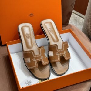 DDMode New embroider slipper Leather Golden Brown Full Handmade