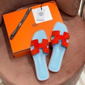 DDMode color matching slipper chamois Leather Orange & Light Blue Full Handmade