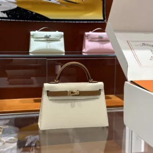 DDMode Hermès Mini Kelly Epsom Creamy White & Golden Brown Gold Hardware 19cm Full Handmade Ghw