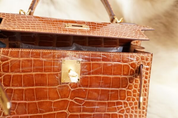 DDMode Wechat Hermes 33 Miel Shiny Crocodile Kelly Sellier 28CM Gold Hardware