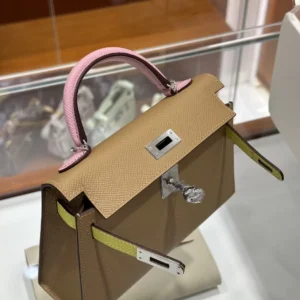DDMode Hermès Mini Kelly Epsom Sesame Brown & Yellow & Pink Silver Hardware 19cm Full Handmade Phw