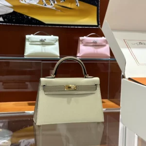 DDMode Hermès Mini Kelly Epsom Creamy White & Etoupe Grey Gold Hardware 19cm Full Handmade Ghw