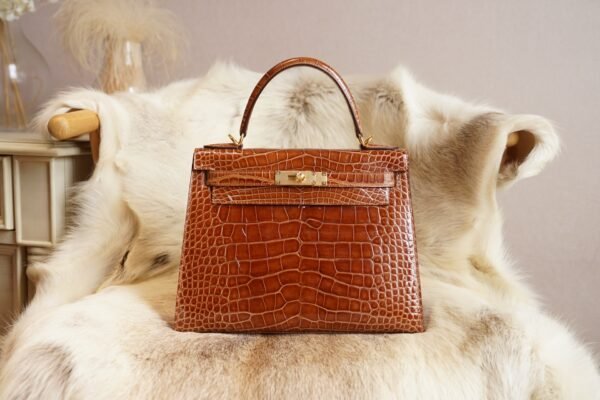 DDMode Wechat Hermes 33 Miel Shiny Crocodile Kelly Sellier 28CM Gold Hardware