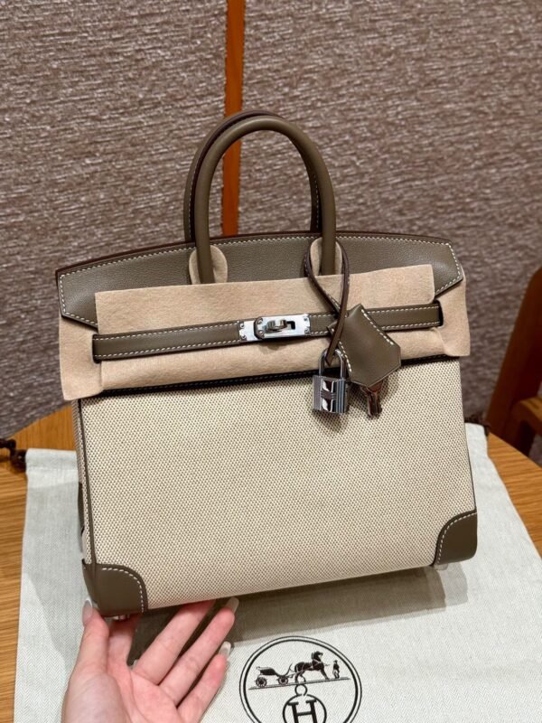 Hermes Birkin 25CM Canvas CK18 Etoupe Swift Leather Silver Hardware