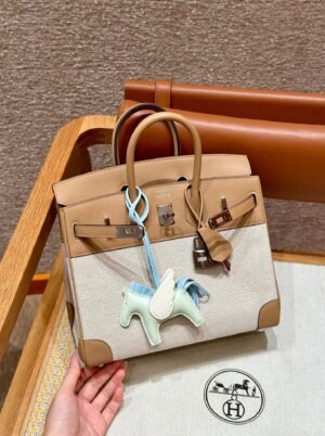 Hermes Birkin 30CM Canvas/Swift Leather Bag 0M Chai Silver Hardware