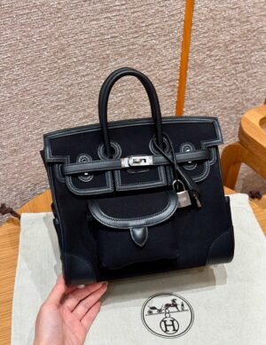 Hermes Birkin 25CM Cargo CK89 Black Noir Canvas/Swift Leather Bag Silver Hardware
