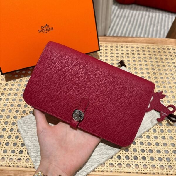 Hermes Wallet Dogon Q5 Rouge Casaque Silver Hardware Togo Leather Purse
