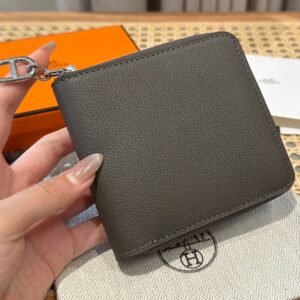 Hermes Chaine Dancre Wallet 8F Etain Evercolor Leather Silver Full Handmade