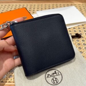 Hermes Chaine Dancre Wallet 2Z Blue nuit Evercolor Leather Silver Full Handmade