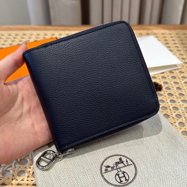 Hermes Chaine Dancre Wallet 2Z Blue nuit Evercolor Leather Silver Full Handmade