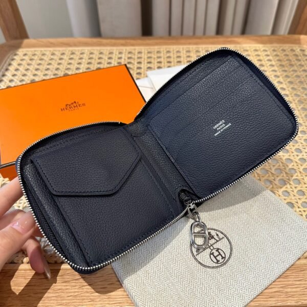Hermes Chaine Dancre Wallet 2Z Blue nuit Evercolor Leather Silver Full Handmade