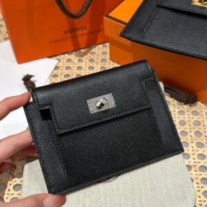 DDMode Hermes Kelly Pocket Wallet CK89 Black Epsom Leather Silver Hardware