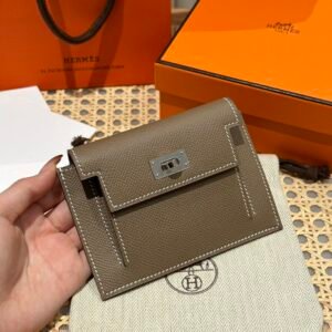 Hermes Kelly Pocket Wallet CK18 Etoupe Epsom Leather Silver Hardware