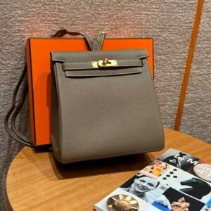 Hermes Kelly Ado Backpack CK18 Etoupe Clememce Leather Gold Hardware