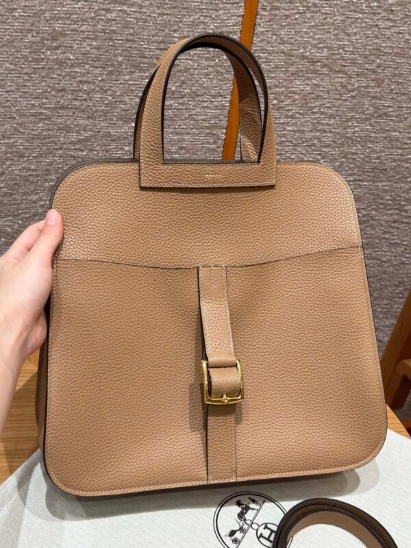 Hermes Halzan 0M Chai/18 Etoupe 31*20*10cm Clememce Leather Gold Hardware