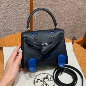 Hermes Kelly Doll CK89 Noir/7T Blue electric 16x12.5x7cm Swift Leather Silver Hardware