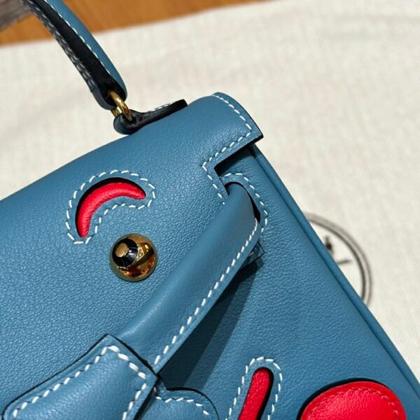 Hermes Kelly Doll 75 Blue Jean/i6 Rose extreme Swift Leather Gold Hardware