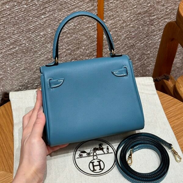 Hermes Kelly Doll 75 Blue Jean/i6 Rose extreme Swift Leather Gold Hardware