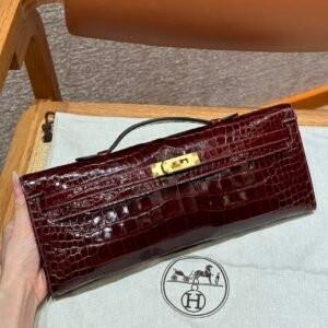DDMode Hermes Kelly Cut 31CM Shiny Crocodile Leather CK57 Bordeaux Gold Hardware