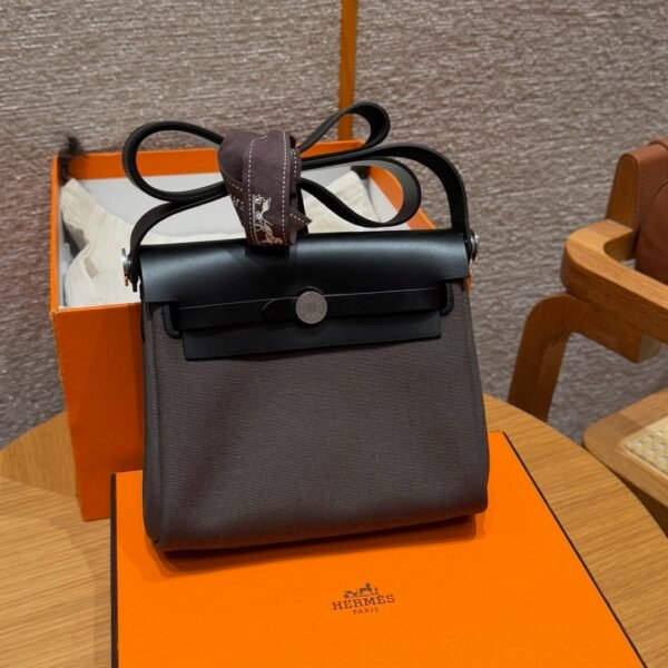 DDMode Hermes Mini HerBag Dark Bronze Noir Canvas / Cowhide Silver Hardware