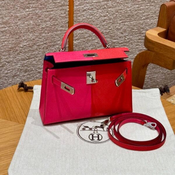 DDMode Hermes Mini Kelly Special Order Rose Extreme / Rogue Coeur / Blue Zanzibar Epsom Silver Hardware
