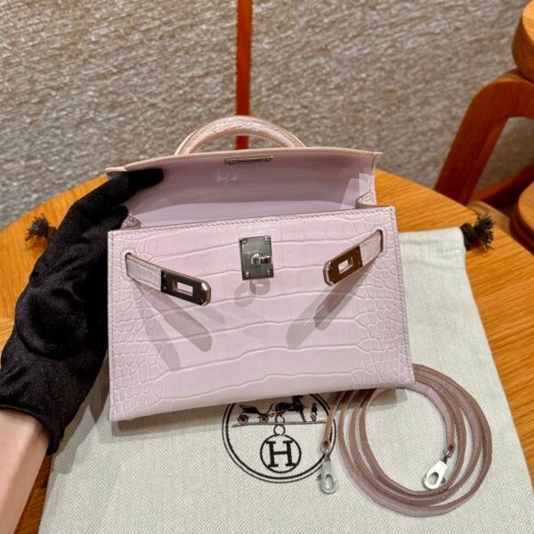 DDMode Hermes Mini Kelly 09 Mauve Pale Matte Alligator Crocodile Silver Hardware