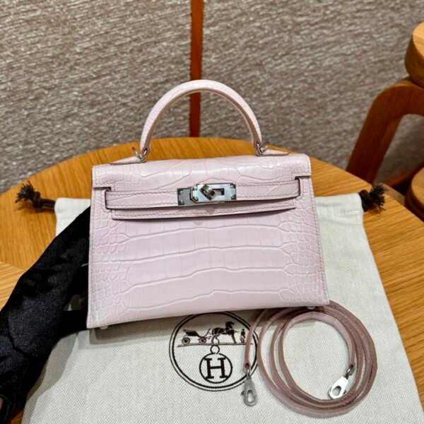 DDMode Hermes Mini Kelly 09 Mauve Pale Matte Alligator Crocodile Silver Hardware