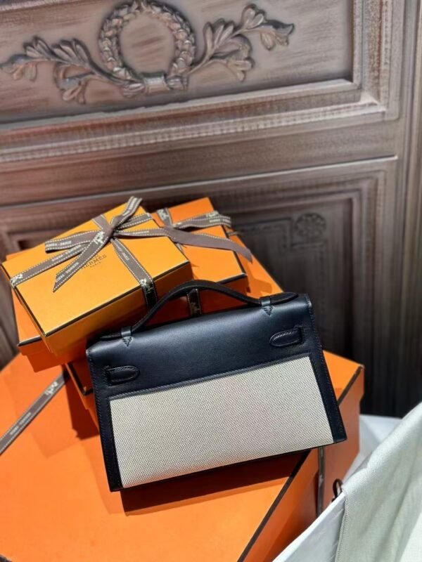 DDMode Clutch Bag Kelly Pochette 22CM 89 Noir Swift Leather / Beige Canvas PHW