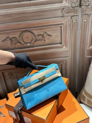 DDMode Suede Leather Kelly Pochette 22CM Clutch Bag 7B Turquoise GHW