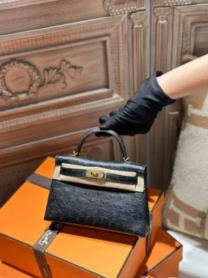 DDMode Hermes Ostrich Leather Mini Kelly 19CM CC89 Noir GHW