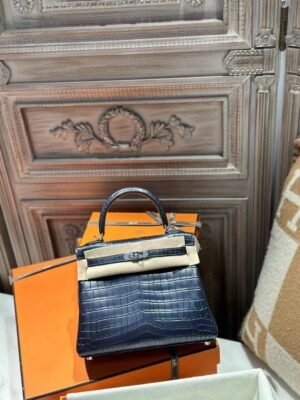 DDMode Kelly Bag 25CM Matte Crocodile Leather 78 Bleu Marine SHW