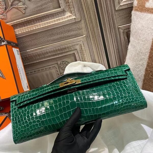 DDMode Kelly Cut 31CM 6Q Vert Emeraude Shiny Porosus Clutch Bag GHW