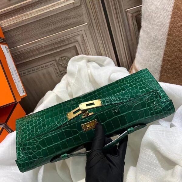 DDMode Kelly Cut 31CM 6Q Vert Emeraude Shiny Porosus Clutch Bag GHW