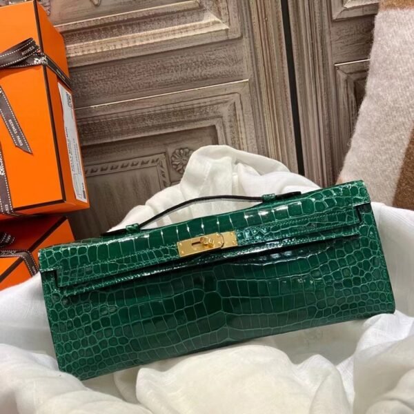 DDMode Kelly Cut 31CM 6Q Vert Emeraude Shiny Porosus Clutch Bag GHW